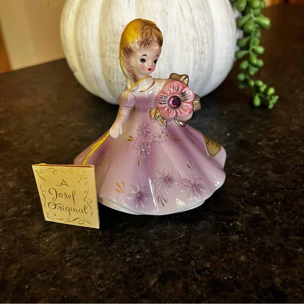 Josef Originals February Amethyst Birthstone Girl tag & label Figurine